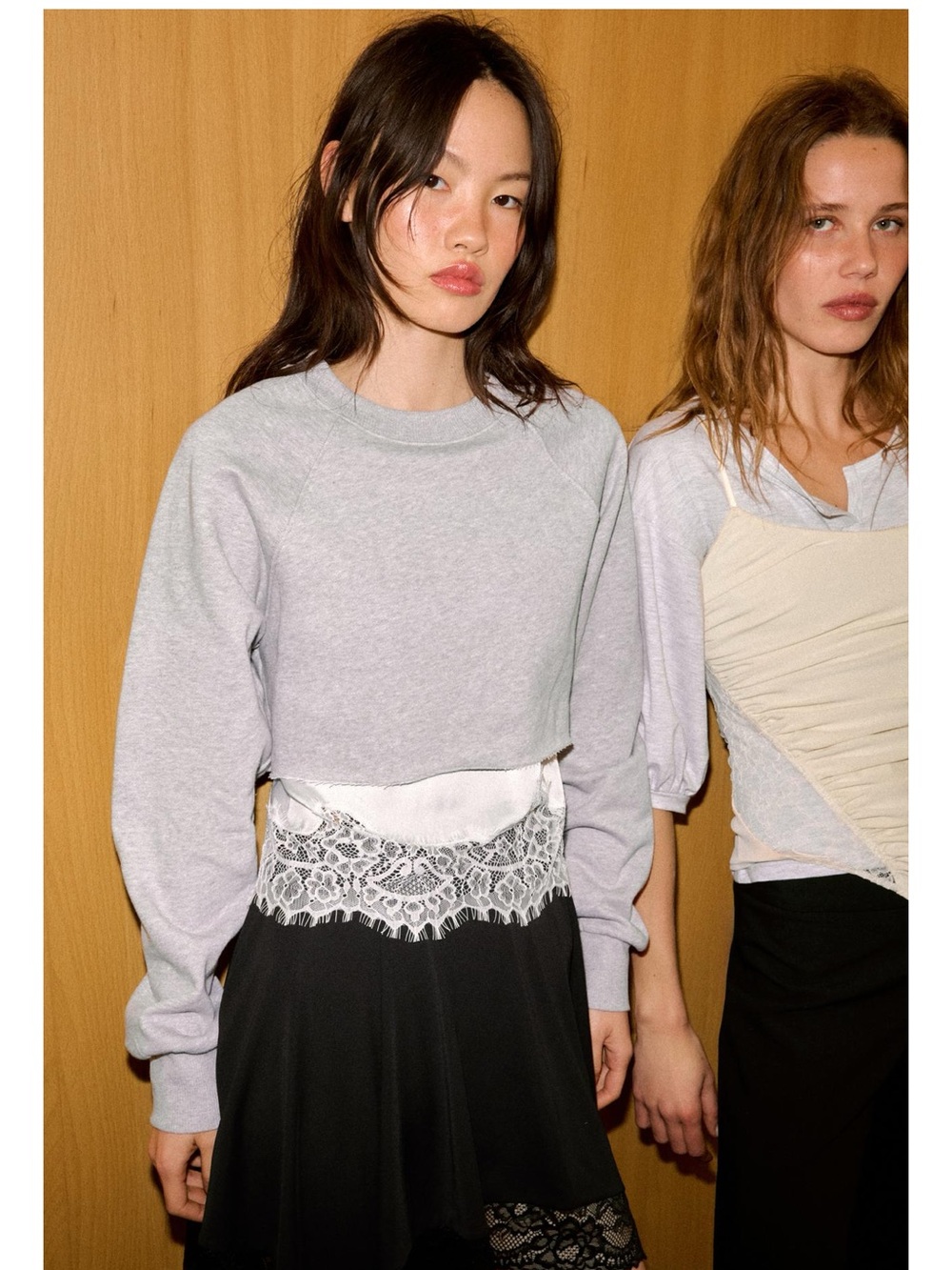 ZARA COMBINATION LACE TRIM CROPPED SWEATSHIRT